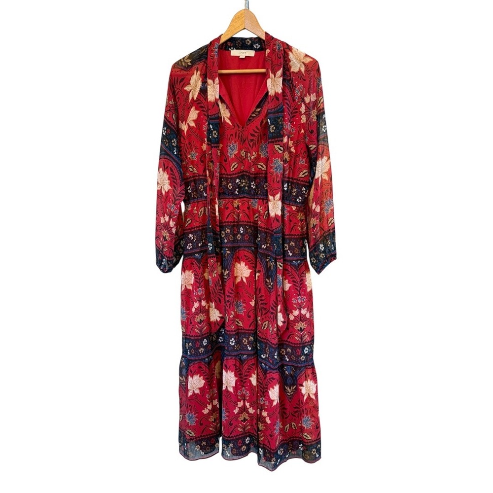 Loft Red/Blue/Black Floral Bow Tiered Midi Boho Chic Lined LS‎ Poly Dress Size L